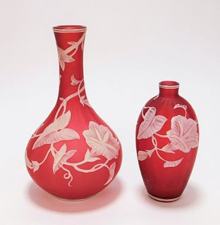2PC Attrib. Thomas Webb Cranberry Glass Vases