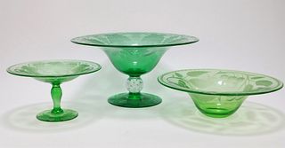 3PC Pairpoint Green Glass Center Bowls