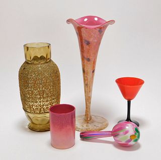 5PC Bohemian Art Glass Vase & Drinkware Group