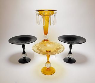 4PC Pairpoint Black & Amber Glass Tazza Group