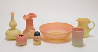 7PC Peach Blow Satin Glass Vase & Tableware Group