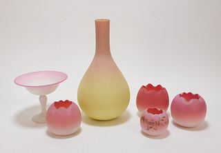 6PC Mt. Washington & Other Peach Blow Glass Vases