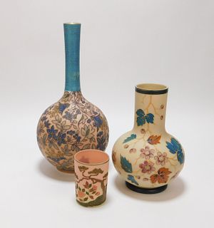 3PC Peach Blow Glass & Porcelain Vase Group