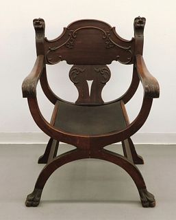 19th C. American Savonarola Lion Head Arm Chair