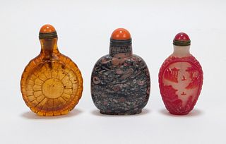 3PC Chinese Glass & Hardstone Snuff Bottles