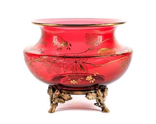 Baccarat Cranberry Glass & Bronze Punch Bowl