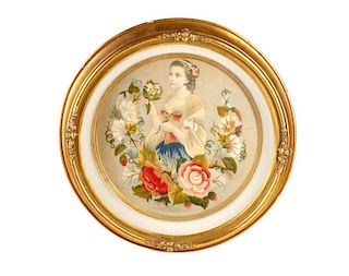 Victorian Lithograph Applique Embroidered Portrait