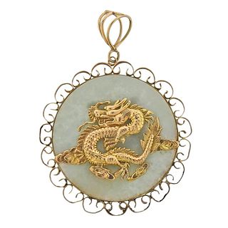 14k Gold Jade Dragon Large Pendant 