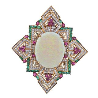 18k Gold 5.40ctw Diamond Opal Ruby Emerald Large Pendant 