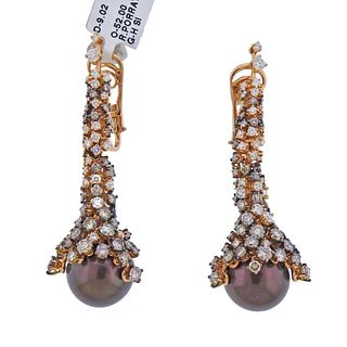 Porrati 9.02ctw Fancy Diamond Chocolate Pearl Gold Earrings 
