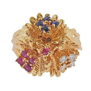 14k Gold Diamond Ruby Sapphire Flower Dome Ring 