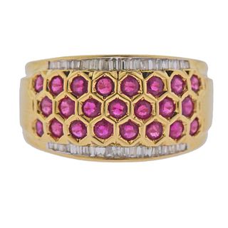 14k Gold Honeycomb Ruby Diamond Ring 