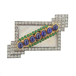 Emis 18k Gold Mother of Pearl Sapphire Emerald Diamond Brooch Pin