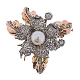 Mid Century 8k Gold Rose Cut Diamond Pearl Brooch Pin 