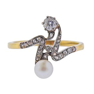 Antique 18k Gold Diamond Pearl Ring 