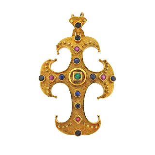 18k Gold Ruby Sapphire Emerald Cross Pendant