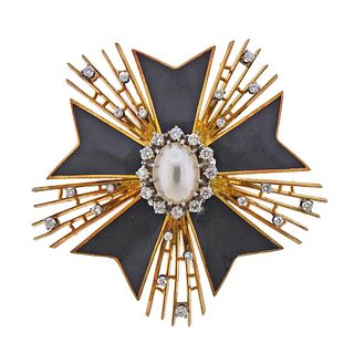 18k Gold Diamond Pearl Enamel Large Pendant Brooch 