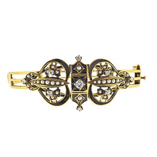 Antique Victorian Gold Enamel Pearl Diamond Bracelet