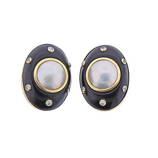 14k Gold Onyx Diamond Mabe Pearl Earrings