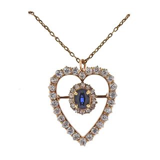 Antique Victorian 14k Gold Diamond Sapphire Heart Pendant Brooch Necklace