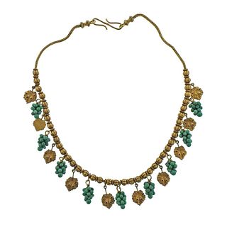 18k Gold Green Gemstone Grape Leaf Necklace 