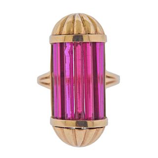 Retro 14k Gold Carved Pink Crystal Ring 