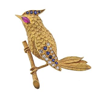 1960s 18k Gold Diamond Sapphire Ruby Bird Brooch Pin 