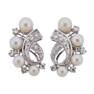 Mid Century 14k Gold Diamond Pearl Earrings 