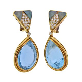 Designer Signed 18k Gold Topaz Diamond Drop Earrings
