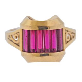 14k Gold Carved Pink Crystal Ring