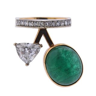 1970s Diamond Cabochon Emerald 14k Gold Ring