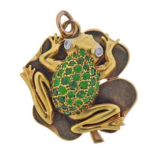 18k Gold Demantoid Garnet Diamond Frog on Lily Pendant