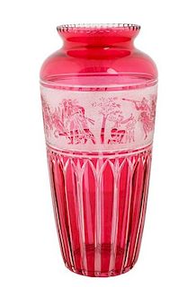 Cranberry Cut Glass Vase with Figural Procession