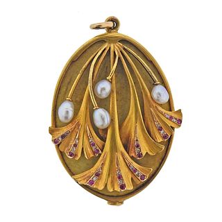Art Nouveau 18k Gold Pearl Ruby Diamond Sliding Mirror Locket Pendant