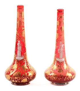 Pair of Moser Type Vases w/ Gilt and Cameo Enamel