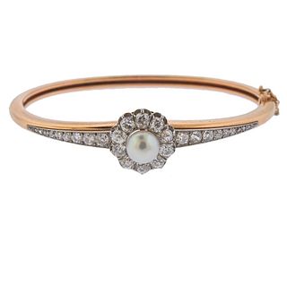 Antique Continental 1860s 14k Gold Pearl Diamond Bracelet 