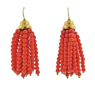 18K Gold Coral Tassel Drop Earrings
