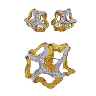 Gubelin 1970s 18k Gold Diamond Earrings Brooch Set 