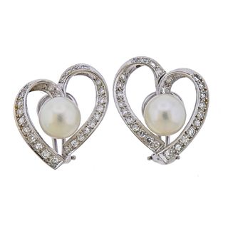 14K Gold Diamond Pearl Heart Earrings