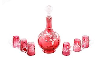 Cranberry Glass Decanter with 6 Cordial Mugs