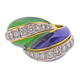 Tiffany & Co 18k Gold Diamond Blue Green Enamel Ring