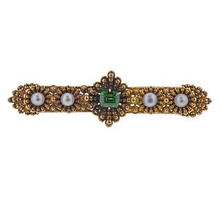 Antique Victorian 14k Gold Demantoid Garnet Pearl Brooch