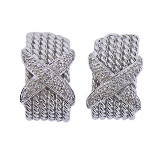 18K Gold Diamond Rope X Half Hoop Earrings