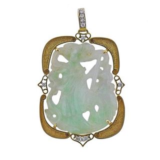 14K Gold Diamond Carved Jade Large Pendant