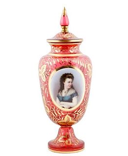 Moser Cranberry Glass Urn with Portrait of Beauty