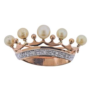 Antique 18k Gold Diamond Pearl Crown Brooch