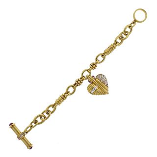18k Gold Diamond Ruby Heart Charm Toggle Bracelet 