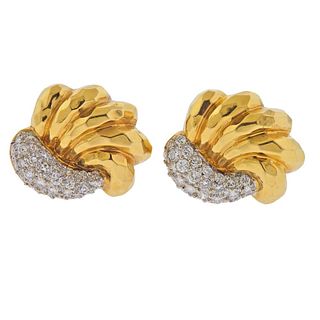 18k Hammered Gold Diamond Earrings 