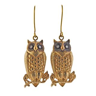 14k Gold Diamond Owl Drop Earrings 