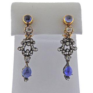 18k Gold Silver Diamond Sapphire Drop Earrings 